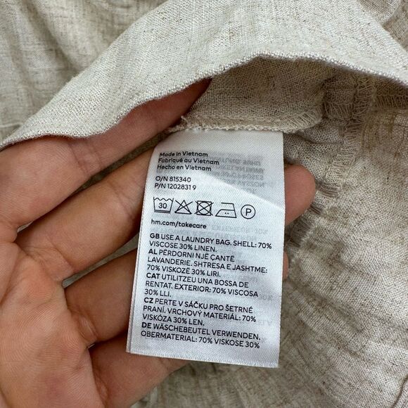 H&M Beige Linen Blend 2 Piece Pant Set Ruche Tie Front Top Wide Leg Size XS/S - Picture 9 of 15